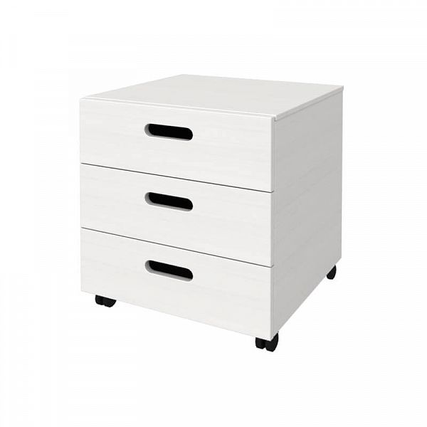 Фото пример в скандинавском интерьере белая тумба детская для ребенка или подростка "Сиело" 77330, белый воск УКВ 43x50x42 из массива сосны. Тумба с тремя ящиками под любые вещи. Минский мебельный центр - производитель. Доставка по России и Москве