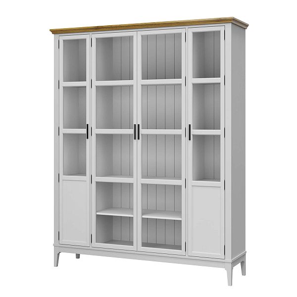 Фото Шкаф для книг «Квадро-С» 422С из массива сосны в гостиную в стиле кантри коллекция «Квадро-С» цвет белый лак, белый лак-антик 24, серый 7042-антик 24, дерево размеры 1643х2047х421 в интернет-магазине СиВер