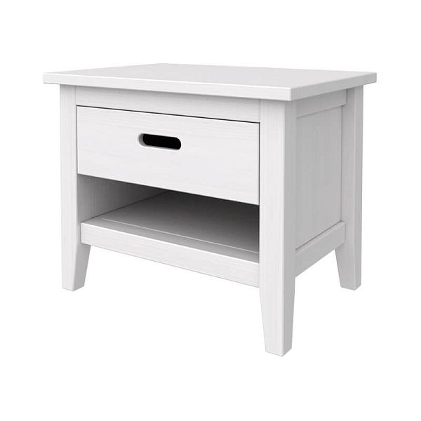 Фото пример в интерьере белая тумба прикроватная из массива дерева сосны "Сиело" 77326 61x53x43 с ящиком и полкой, белый воск УКВ. Тумба для гостиной, детской, спальни и других комнат - купить в интернет-магазине с доставкой СиВер