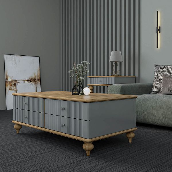 Фото столик журнальный на ножках, из массива сосны и МДФ с четырьмя ящиками в гостиную в стиле кантри коллекция "Рандеву" цвет белый лак-антик 24, серый 7042-антик 24, дерево, размеры 1241х463х682 в интернет-магазине СиВер