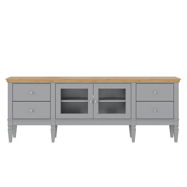 Фото каталог тумба ТВ в гостиную или в спальню из массива сосны Ольса 24 (2000) цвет белый лак, белый лак-антик 24, серый 7042-антик 24, светлый, размеры 2003х734х400 в классическом стиле в интернет-магазине СиВер