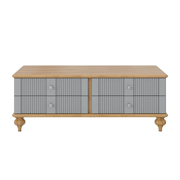 Фото столик журнальный на ножках, из массива сосны и МДФ с четырьмя ящиками в гостиную в стиле кантри коллекция "Рандеву" цвет белый лак-антик 24, серый 7042-антик 24, дерево, размеры 1241х463х682 в интернет-магазине СиВер