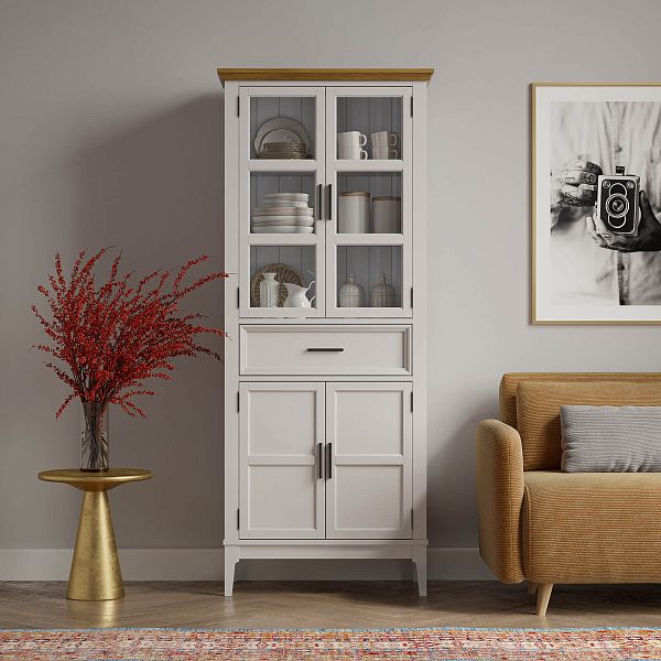 Фото Шкаф для посуды «Квадро-С» 221-185 из массива сосны. Цвет белый лак, белый лак-антик 24, серый 7042-антик 24, идеально для стиля сканди, минимал, лофт. С доставкой по России. Материал - массив сосны, размер - 757х1846х420 мм. в интернет-магазине СиВер