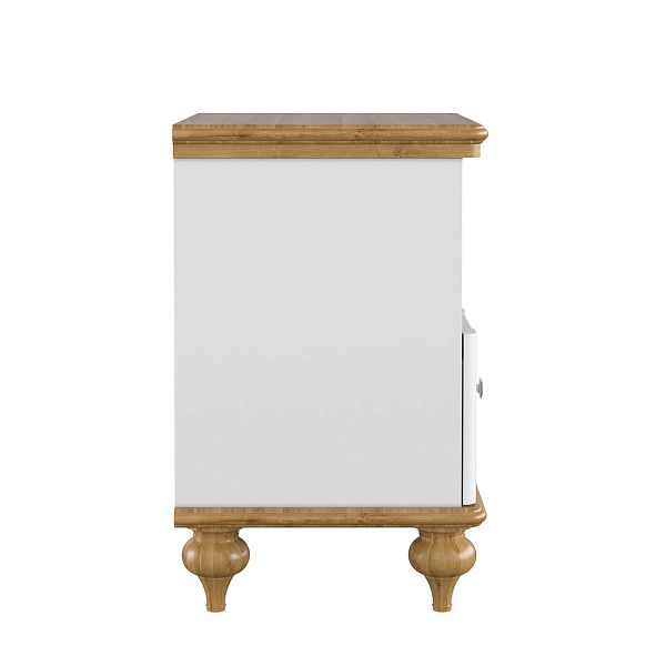 Изображения интерьерное фото прикроватная тумба в стиле неоклассика, лаконичный универсальный дизайн, тумба прикроватная "Рандеву" 01 493x635x405 (белый лак/антик 24, серый 7042/антик 24) из массива сосны в спальню или детскую