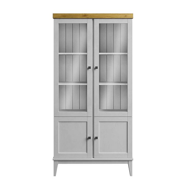 Фото шкаф для посуды из массива сосны в гостиную в стиле кантри коллекция «Бон Вояж» цвет белый лак-антик 24, серый 7042-антик 24, дерево размеры 1007х2035х401 в интернет-магазине СиВер