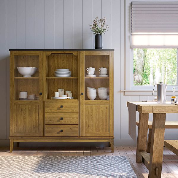 Фото шкаф для посуды из массива сосны в гостиную в стиле кантри коллекция «Бон Вояж» цвет антик 24-колониал, дерево размеры 1514х1489х401 в интернет-магазине СиВер