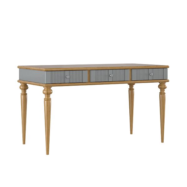 Изображение рабочий белый, серый стол письменный в детскую или кабинет в стиле лофт или скандинавском стиле классика коллекции "Рандеву" 03 (белый лак/антик 24, серый 7042/антик 24) из массива сосны, 136,5х77,7х70 для ребенка или подростка