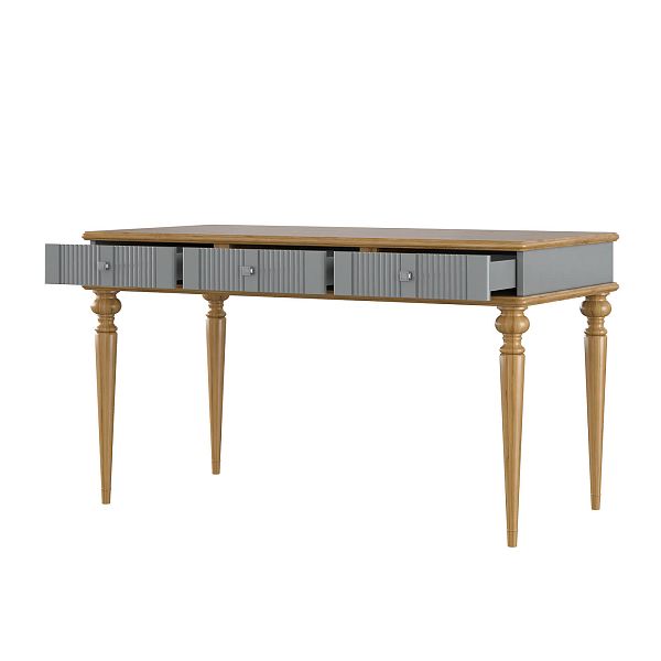 Изображение рабочий белый, серый стол письменный в детскую или кабинет в стиле лофт или скандинавском стиле классика коллекции "Рандеву" 03 (белый лак/антик 24, серый 7042/антик 24) из массива сосны, 136,5х77,7х70 для ребенка или подростка