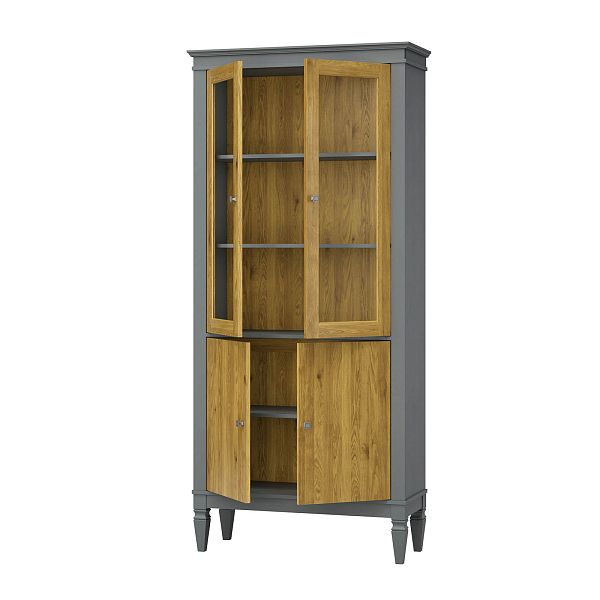 Фото шкафа для посуды из массива сосны в гостиную в стиле лофт или скандинавском стиле коллекция "Ольса-С" цвет белый лак, серый 7042-антик 24, светлый дерево размеры 927х2029х356 в интернет-магазине СиВер