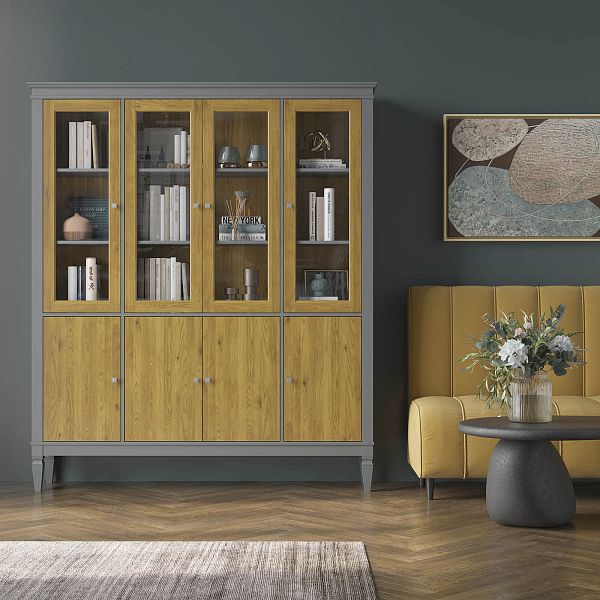 Фото шкафа для посуды из массива сосны в гостиную в стиле лофт или скандинавском стиле коллекция "Ольса-С" цвет белый лак, серый 7042-антик 24, светлый дерево размеры 1735х2029х356 в интернет-магазине СиВер