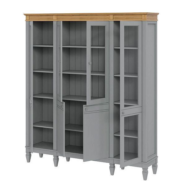 Фото пример широкий стеллаж с квадратными полками из массива сосны в гостиную в стиле лофт или скандинавский коллекция Ольса цвет белый лак, белый лак/антик 24, серый 7042, серый 7042/антик 24, светлый, дерево размеры 181,5х202х38 в интернет-магазине СиВер