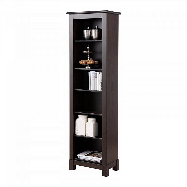 Изображение шкаф для книг на ножках в гостиную или в спальню из массива сосны Рауна 00 цвет колониал темный почти черный размеры 55х180х33 в стиле кантри в интернет-магазине СиВер