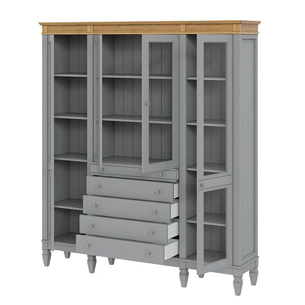 Фото пример широкий стеллаж с квадратными полками из массива сосны в гостиную в стиле лофт или скандинавский коллекция Ольса цвет белый лак, белый лак/антик 24, серый 7042, серый 7042/антик 24, светлый, дерево размеры 181,5х202х38 в интернет-магазине СиВер