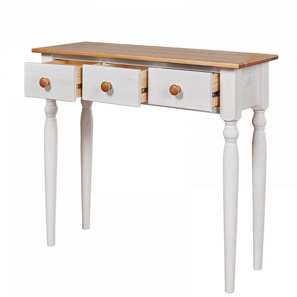 Изображение в интерьере консоль коллекция Консолеа-3 размеры в см 85x75x32 с тремя ящиками - мебель из натурального дерева массива сосны недорого по доступной цене интернет-магазине СиВер белорусского производства ММЦ с доставкой по России