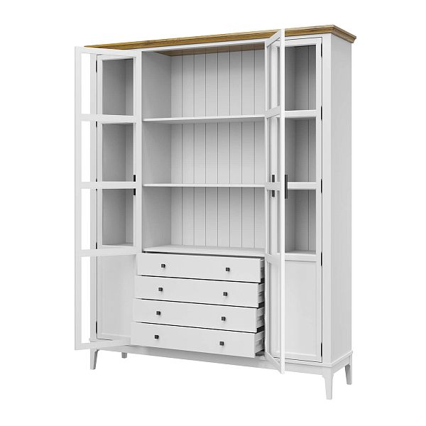 Фото Шкаф для книг «Квадро-С» 422С/04 из массива сосны в гостиную в стиле кантри коллекция «Квадро-С» цвет белый лак, белый лак-антик 24, серый 7042-антик 24, дерево размеры 1643х2047х421 в интернет-магазине СиВер