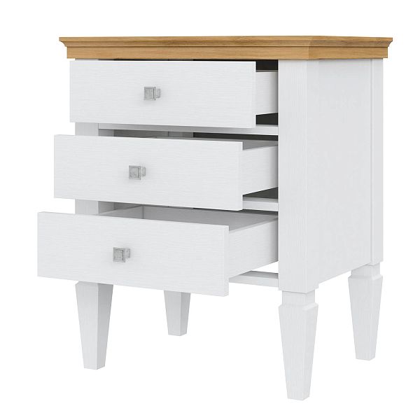 Фото прикроватная тумба в спальню из массива сосны "Ольса" 03 538x646x400, с тремя ящиками, белый лак/антик 24 в стиле кантри в интернет-магазине СиВер