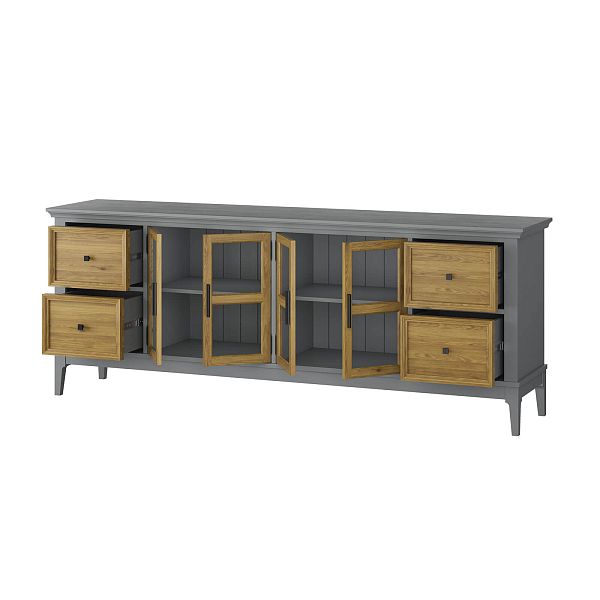 Фото каталог тумба ТВ в гостиную или в спальню из массива сосны "Квадро-С" 44 цвет белый лак, белый лак-антик 24, серый 7042-антик 24, светлый, размеры 1996х765х420 в классическом стиле в интернет-магазине СиВер