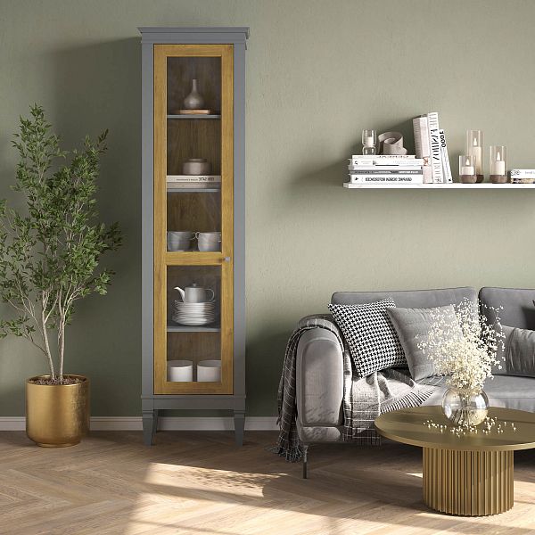 Фото шкаф для посуды из массива сосны в гостиную в стиле лофт или скандинавском стиле коллекция "Ольса-С" цвет белый лак, серый 7042, светлый дерево размеры 54х203х36 в интернет-магазине СиВер