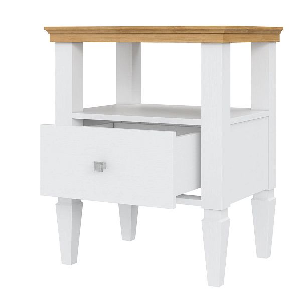 Фото прикроватная тумба в спальню из массива сосны "Ольса" 01 538x646x400, с одним ящиком, белый лак/антик 24 в стиле кантри в интернет-магазине СиВер