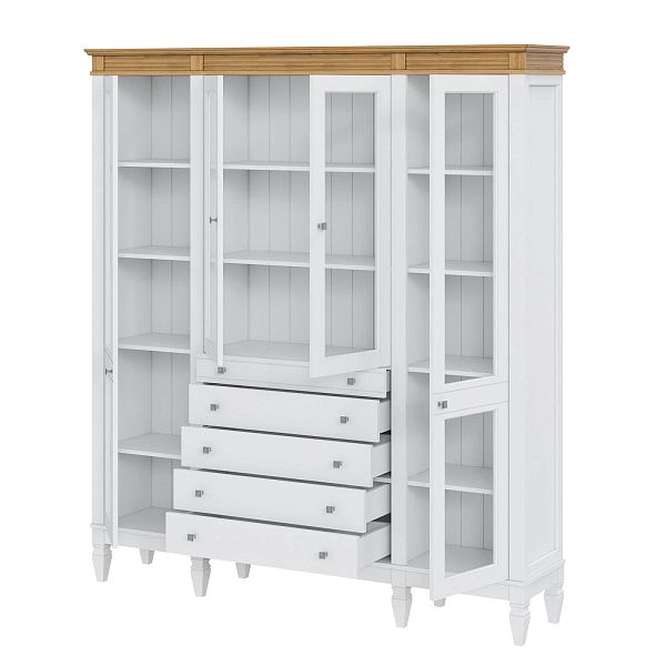 Фото пример широкий стеллаж с квадратными полками из массива сосны в гостиную в стиле лофт или скандинавский коллекция Ольса цвет белый лак, белый лак/антик 24, серый 7042, серый 7042/антик 24, светлый, дерево размеры 181,5х202х38 в интернет-магазине СиВер