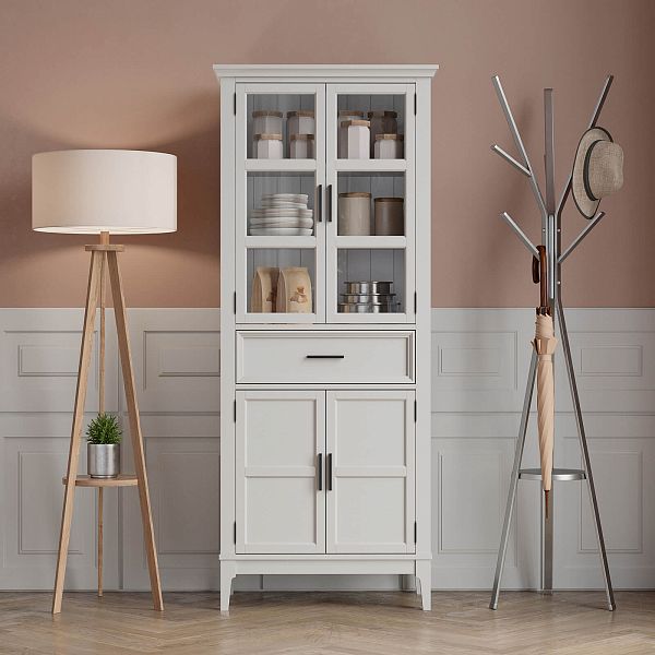 Фото Шкаф для посуды «Квадро-С» 221-185 из массива сосны. Цвет белый лак, белый лак-антик 24, серый 7042-антик 24, идеально для стиля сканди, минимал, лофт. С доставкой по России. Материал - массив сосны, размер - 757х1846х420 мм. в интернет-магазине СиВер