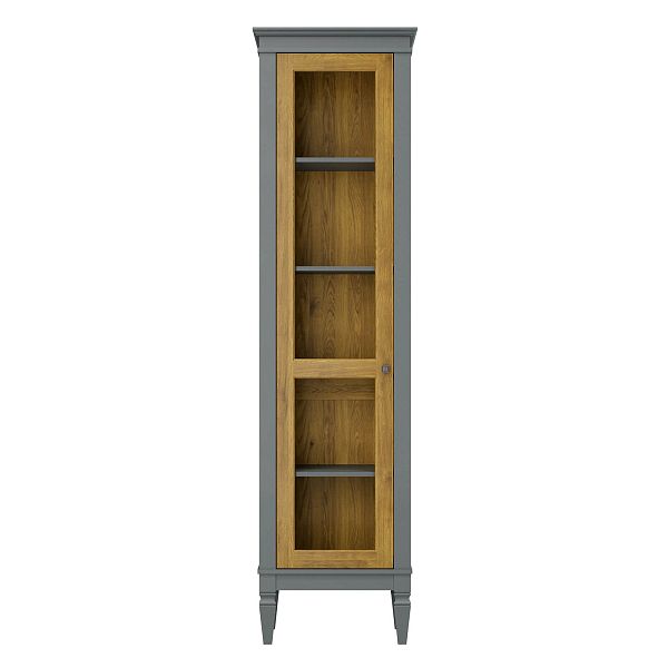 Фото шкаф для посуды из массива сосны в гостиную в стиле лофт или скандинавском стиле коллекция "Ольса-С" цвет белый лак, серый 7042, светлый дерево размеры 54х203х36 в интернет-магазине СиВер