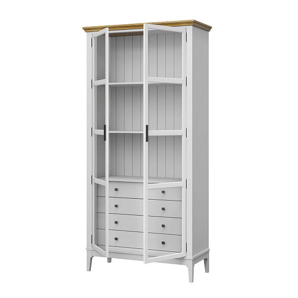 Фото Шкаф для книг «Квадро-С» 220/04 из массива сосны в гостиную в стиле кантри коллекция «Квадро-С» цвет белый лак, белый лак-антик 24, серый 7042-антик 24, дерево размеры 995х2047х421 в интернет-магазине СиВер