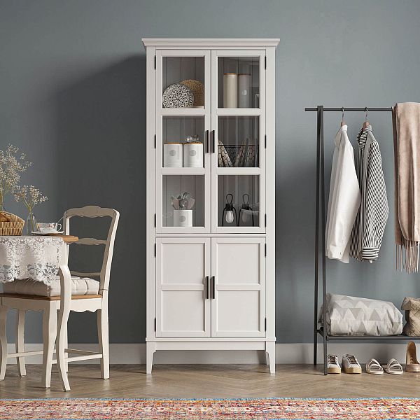 Фото Шкаф для посуды «Квадро-С» 22GT-185 из массива сосны. Цвет белый лак, белый лак-антик 24, серый 7042-антик 24, идеально для стиля сканди, минимал, лофт. С доставкой по России. Материал - массив сосны, размер - 757х1846х420 мм. в интернет-магазине СиВер