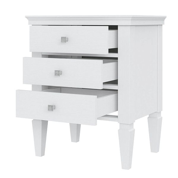 Фото прикроватная тумба в спальню из массива сосны "Ольса" 03 538x646x400, с тремя ящиками, белый лак в стиле кантри в интернет-магазине СиВер