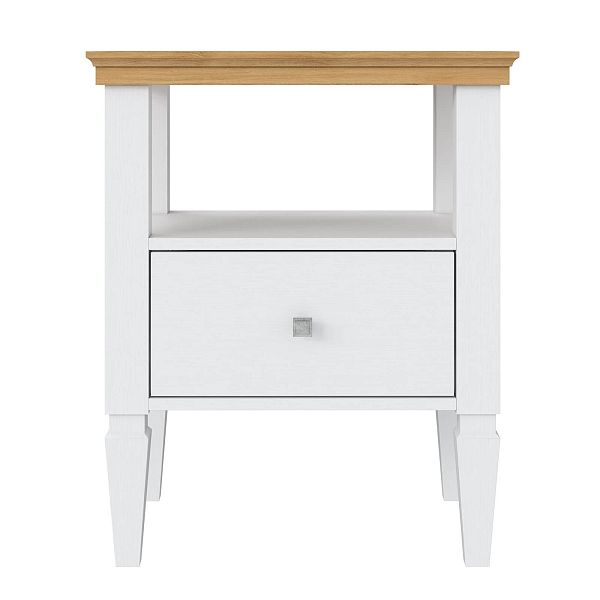 Фото прикроватная тумба в спальню из массива сосны "Ольса" 01 538x646x400, с одним ящиком, белый лак/антик 24 в стиле кантри в интернет-магазине СиВер