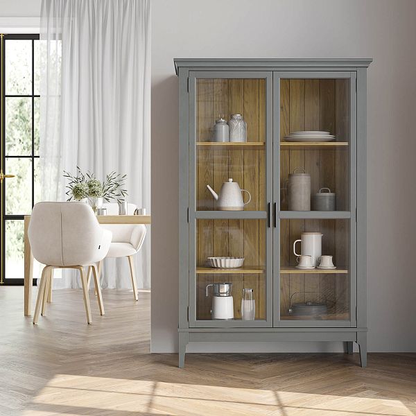 Фото шкаф для посуды из массива сосны в гостиную в стиле кантри коллекция «Квадро-С» цвет белый лак-серый 7042, белый лак-антик 24, серый 7042-антик 24, дерево размеры 999х1553х420 в интернет-магазине СиВер