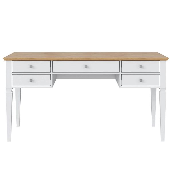 Изображение рабочий белый стол письменный в детскую или кабинет в стиле скандинавский или лофт пример в интерьере как смотрится коллекции "Ольса" 005 149x76x70 (белый лак, белый лак/антик 24, серый 7042, серый 7042/антик 24) для ребенка, взрослого или подростка