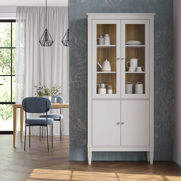 Фото шкафа для посуды из массива сосны в гостиную в стиле лофт или скандинавском стиле коллекция "Ольса-С" цвет белый лак, серый 7042-антик 24, светлый дерево размеры 927х2029х356 в интернет-магазине СиВер