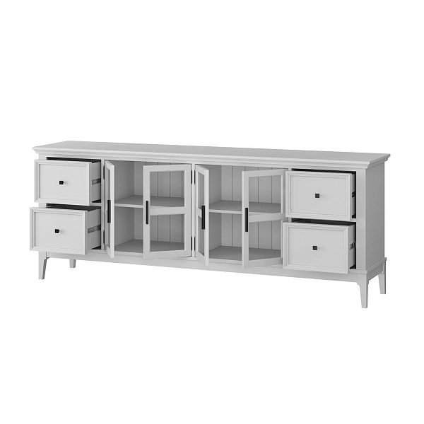 Фото каталог тумба ТВ в гостиную или в спальню из массива сосны "Квадро-С" 44 цвет белый лак, белый лак-антик 24, серый 7042-антик 24, светлый, размеры 1996х765х420 в классическом стиле в интернет-магазине СиВер