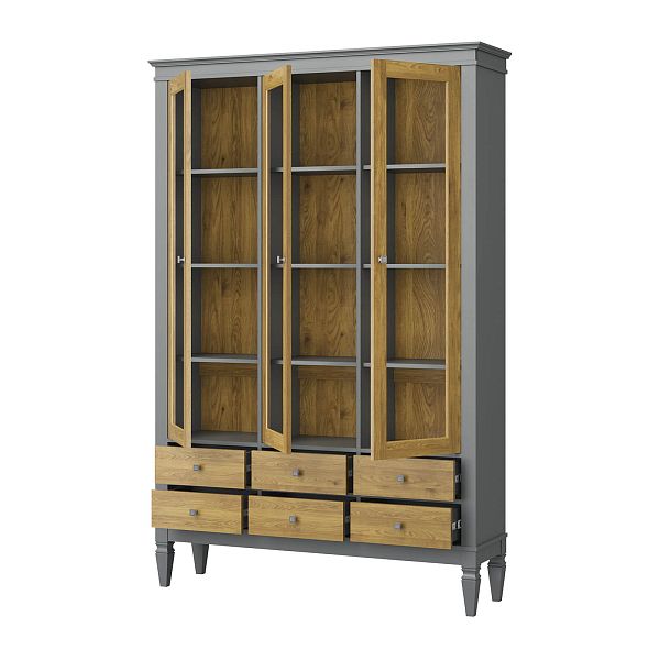 Фото шкафа для посуды из массива сосны в гостиную в стиле лофт или скандинавском стиле коллекция "Ольса-С" цвет белый лак, серый 7042-антик 24, светлый дерево размеры 1349х2029х356 в интернет-магазине СиВер