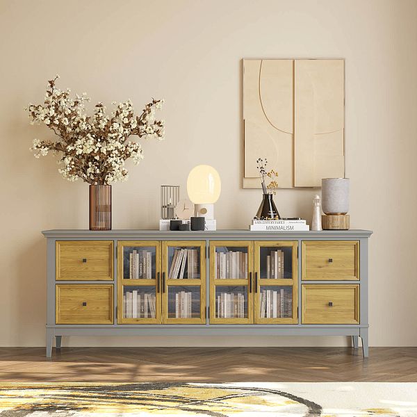 Фото каталог тумба ТВ в гостиную или в спальню из массива сосны "Квадро-С" 44 цвет белый лак, белый лак-антик 24, серый 7042-антик 24, светлый, размеры 1996х765х420 в классическом стиле в интернет-магазине СиВер