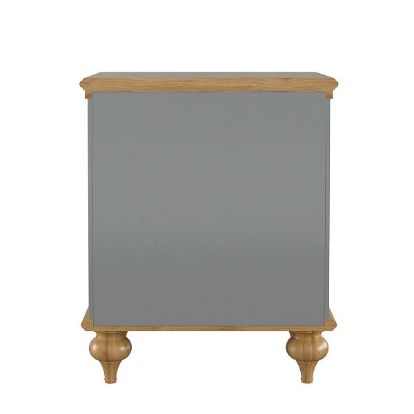 Изображения интерьерное фото прикроватная тумба в стиле неоклассика, лаконичный универсальный дизайн, тумба прикроватная "Рандеву" 02 493x635x405 (белый лак/антик 24, серый 7042/антик 24) из массива сосны в спальню или детскую