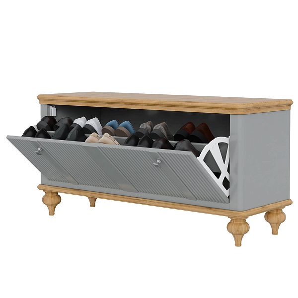 Фото тумба под обувь «Рандеву» 10, цвет белый лак/антик 24, серый 7042/антик 24, размер 1132x557x384 из массива сосны в интернет-магазине СиВер