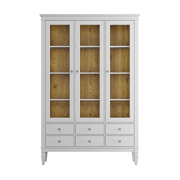 Фото шкафа для посуды из массива сосны в гостиную в стиле лофт или скандинавском стиле коллекция "Ольса-С" цвет белый лак, серый 7042-антик 24, светлый дерево размеры 1349х2029х356 в интернет-магазине СиВер