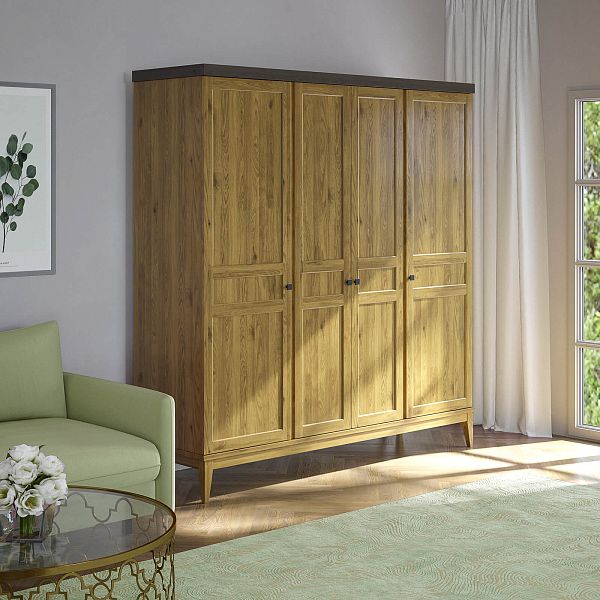 Фото шкаф для одежды из массива сосны в спальню или прихожую в стиле кантри коллекция «Бон Вояж» цвет антик 24-колониал, дерево размеры 1989х2096х590 в интернет-магазине СиВер