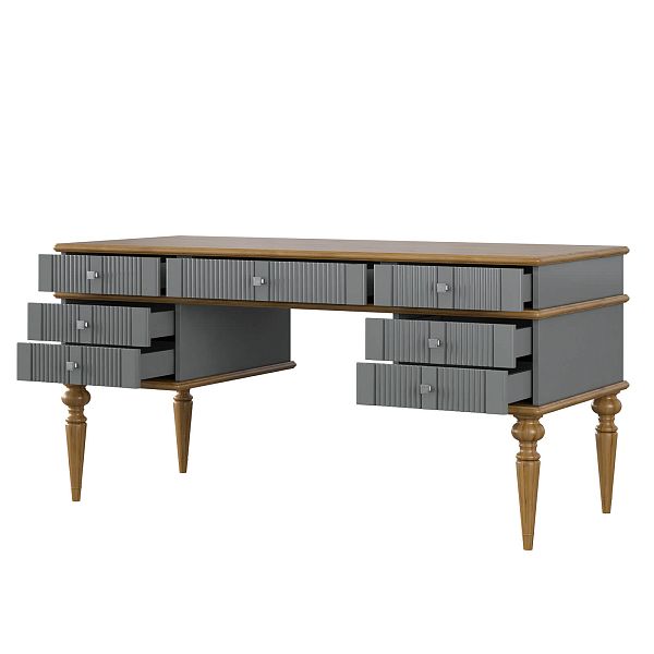 Изображение рабочий белый стол письменный в детскую или кабинет в стиле лофт или скандинавском стиле классика коллекции "Рандеву" 07 (белый лак/антик 24, серый 7042/антик 24) из массива сосны, 157,5х77,7х70 для ребенка или подростка