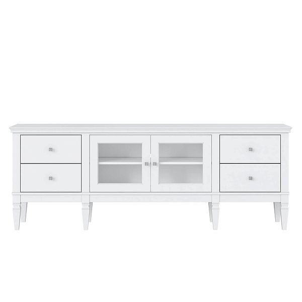 Фото каталог тумба ТВ в гостиную или в спальню из массива сосны Ольса 24 (2000) цвет белый лак, белый лак-антик 24, серый 7042-антик 24, светлый, размеры 2003х734х400 в классическом стиле в интернет-магазине СиВер