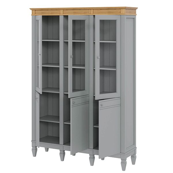 Фото пример широкий стеллаж с квадратными полками из массива сосны в гостиную в стиле лофт или скандинавский коллекция Ольса цвет белый лак, белый лак/антик 24, серый 7042, серый 7042/антик 24, светлый, дерево размеры 143х202х38 в интернет-магазине СиВер