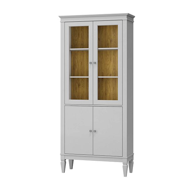 Фото шкафа для посуды из массива сосны в гостиную в стиле лофт или скандинавском стиле коллекция "Ольса-С" цвет белый лак, серый 7042-антик 24, светлый дерево размеры 927х2029х356 в интернет-магазине СиВер