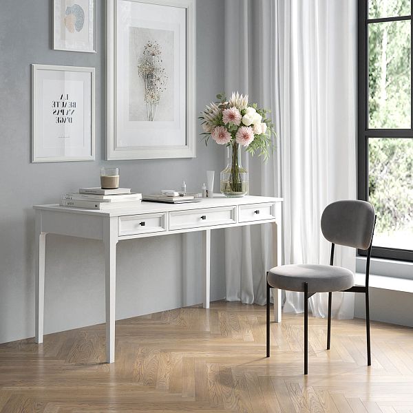 Изображение рабочий стол письменный в детскую или кабинет в стиле лофт или скандинавском стиле классика коллекции "Квадро-С" 03 размеры 1388х760х660 мм (цвет белый лак, белый лак/антик 24, серый 7042, серый 7042/антик 24) для ребенка или подростка