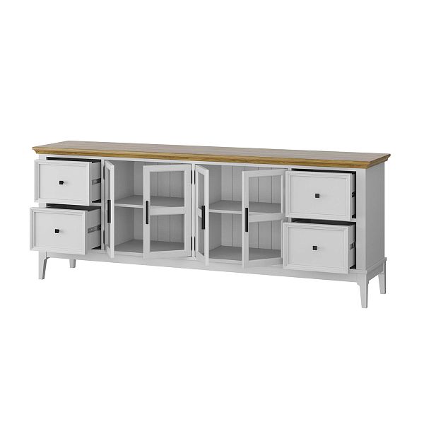 Фото каталог тумба ТВ в гостиную или в спальню из массива сосны "Квадро-С" 44 цвет белый лак, белый лак-антик 24, серый 7042-антик 24, светлый, размеры 1996х765х420 в классическом стиле в интернет-магазине СиВер