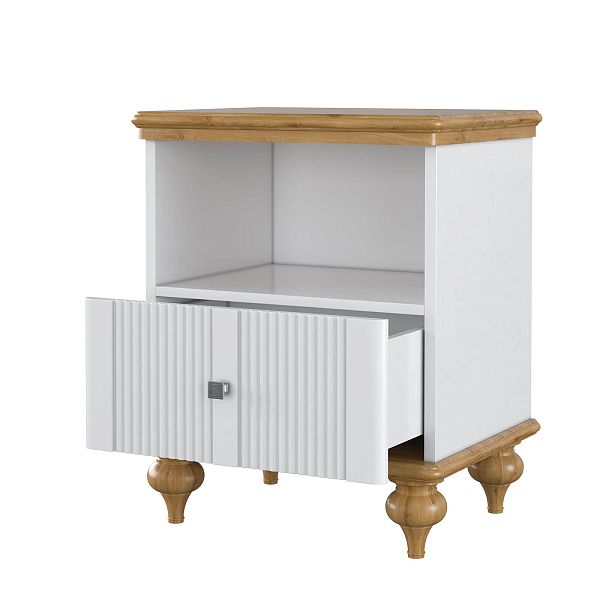 Изображения интерьерное фото прикроватная тумба в стиле неоклассика, лаконичный универсальный дизайн, тумба прикроватная "Рандеву" 01 493x635x405 (белый лак/антик 24, серый 7042/антик 24) из массива сосны в спальню или детскую