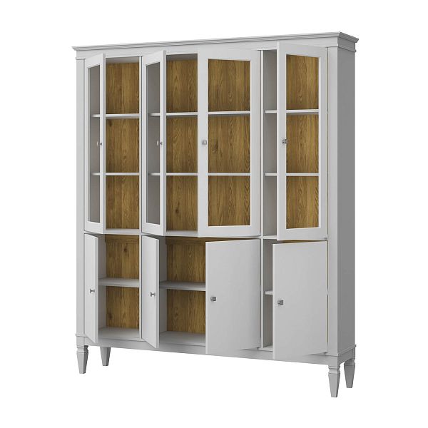 Фото шкафа для посуды из массива сосны в гостиную в стиле лофт или скандинавском стиле коллекция "Ольса-С" цвет белый лак, серый 7042-антик 24, светлый дерево размеры 1735х2029х356 в интернет-магазине СиВер