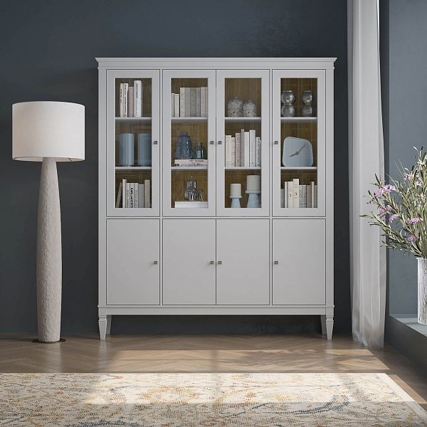 Фото шкафа для посуды из массива сосны в гостиную в стиле лофт или скандинавском стиле коллекция "Ольса-С" цвет белый лак, серый 7042-антик 24, светлый дерево размеры 1735х2029х356 в интернет-магазине СиВер