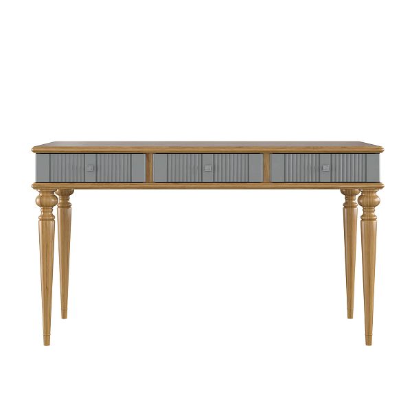 Изображение рабочий белый, серый стол письменный в детскую или кабинет в стиле лофт или скандинавском стиле классика коллекции "Рандеву" 03 (белый лак/антик 24, серый 7042/антик 24) из массива сосны, 136,5х77,7х70 для ребенка или подростка